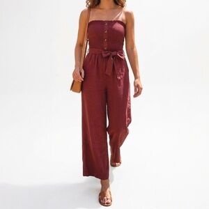 ABERCROMBIE & FITCH Boho Chic Smocked Wide Leg Linen Blend Jumpsuit Maroon XL